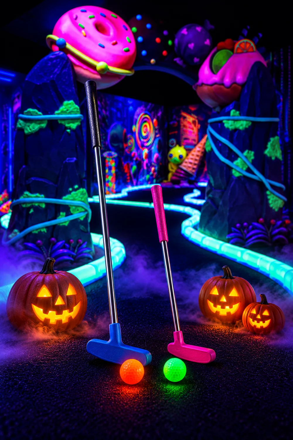 Halloween au Mini-Golf Fluo : putter adulte, putter enfant et citrouilles chez Explozone