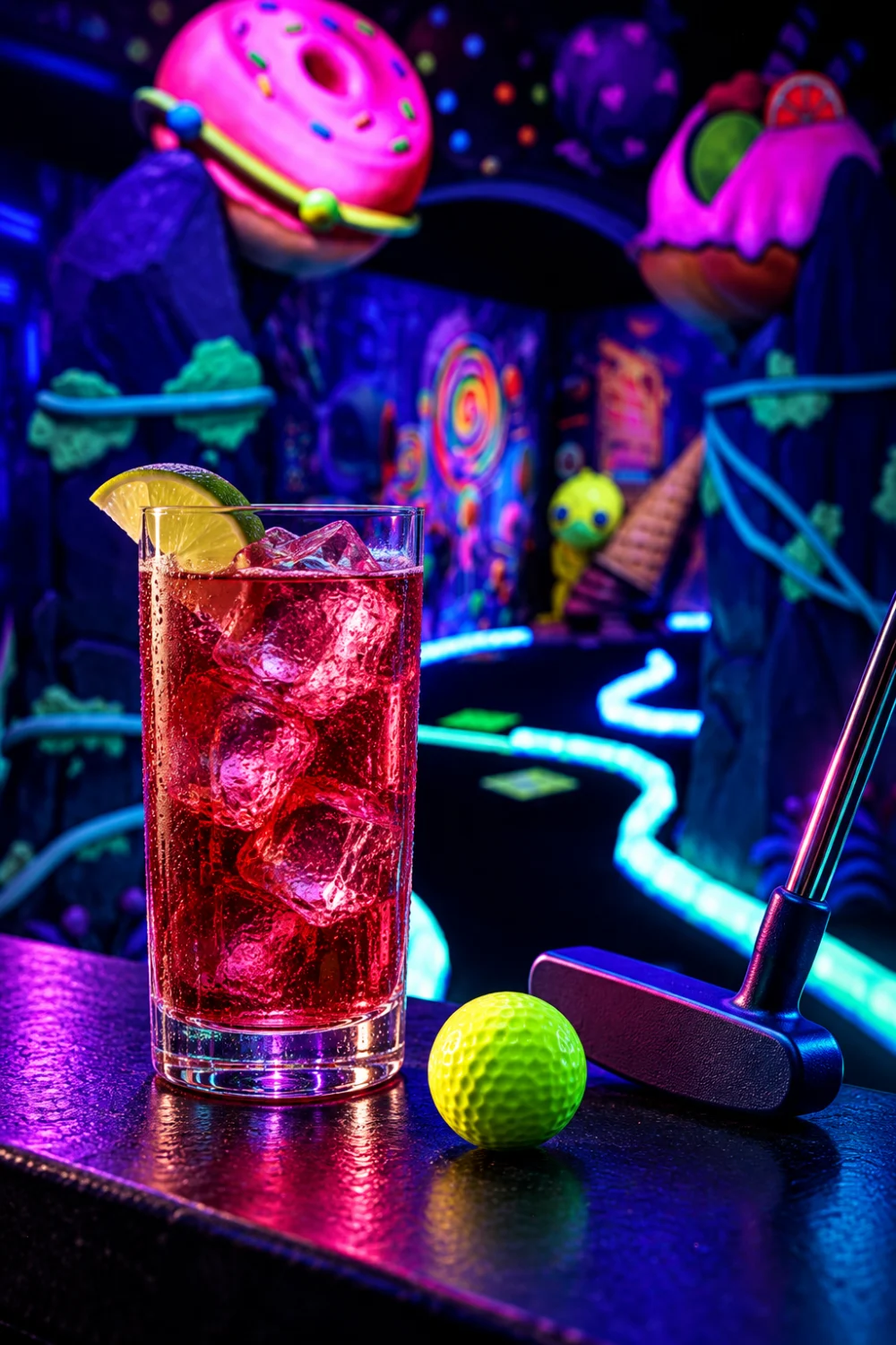 Visuel du forfait Mini-Golf + drink : cocktail, balle et putter dans l’ambiance fluo d’Explozone